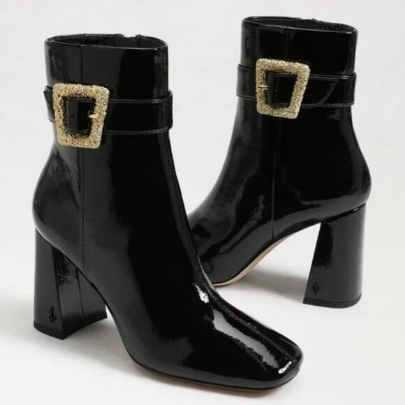 Sam Edelman Corinne Ankle Boots Zip Black Patent Gold Buckle Women Sz 9 w/ Box - Picture 1 of 11
